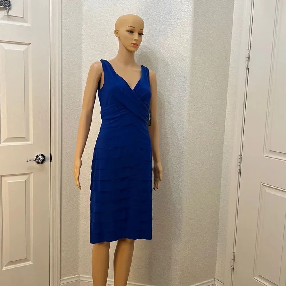 American Living Dress Size 6 Royal Blue V Neck Slimming Tiered Zipper Back New
